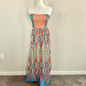 Anthro Flying Tomato Long Maxi Dress Sz Small Sleeveless Floral Blue Coral Pink